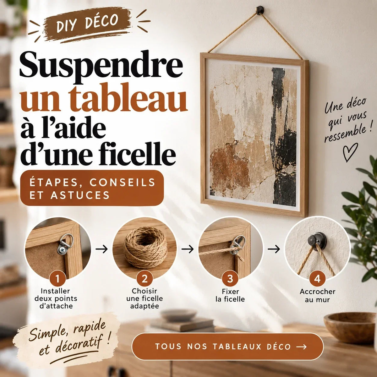 Suspendre un tableau à l’aide d’une ficelle
