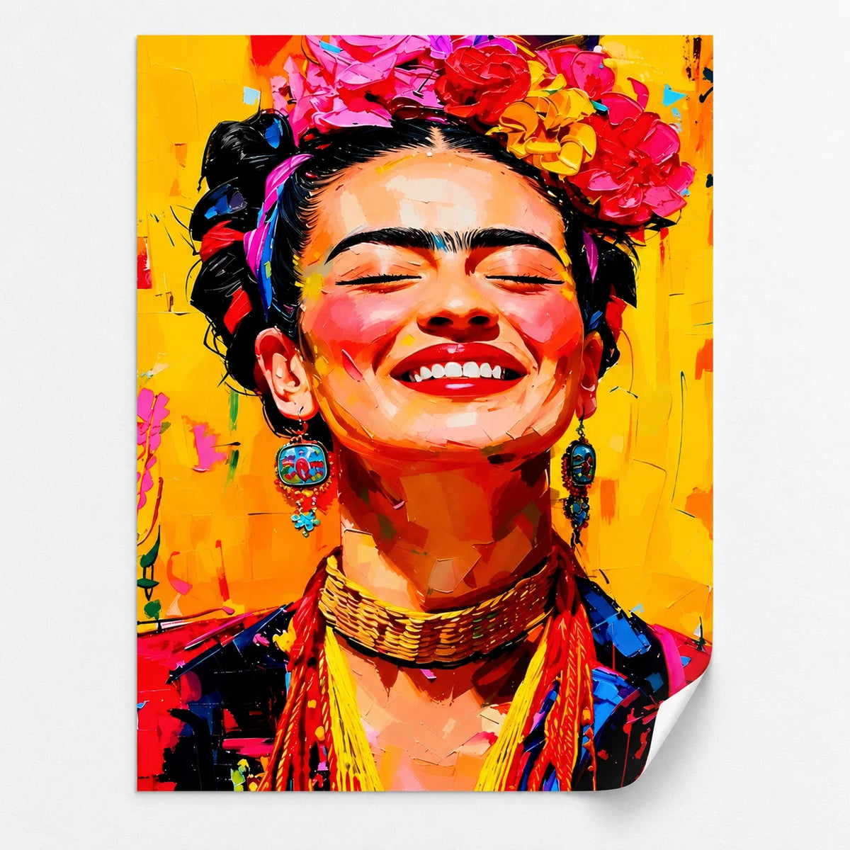Affiche Frida Kahlo colorée avec couronne de fleurs et fond éclatant