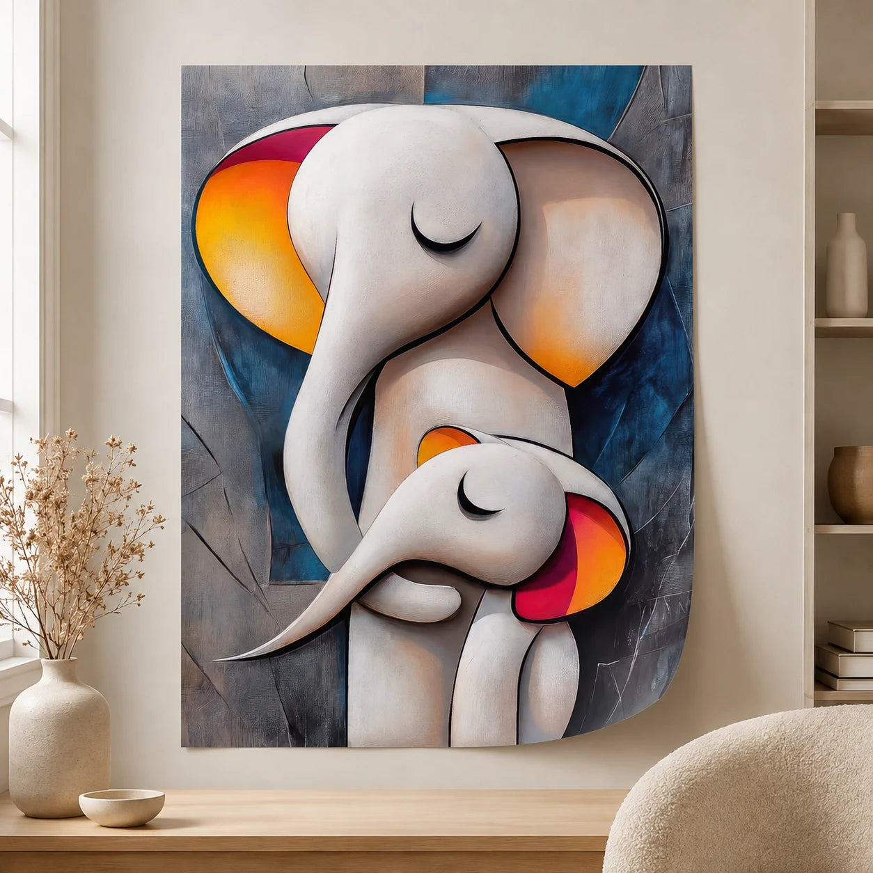 Affiche éléphants abstraits mère et enfant sans cadre