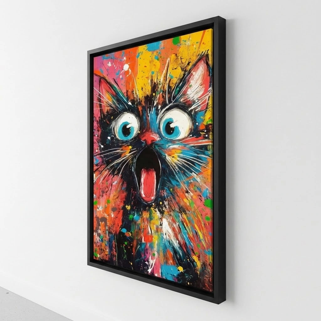 Cadre flottant noir tableau chat street art multicolore