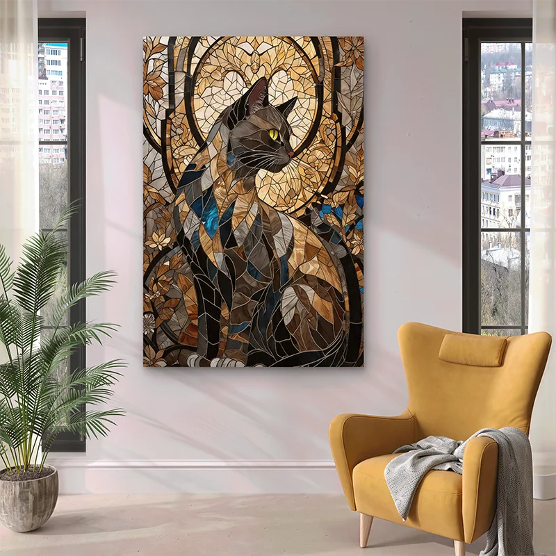Chat noir et or en vitrail contemporain artistique