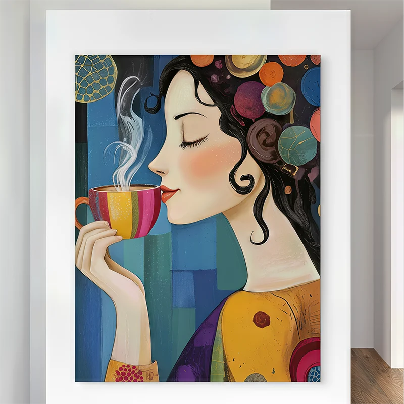 Décoration murale cuisine avec illustration colorée de pause café