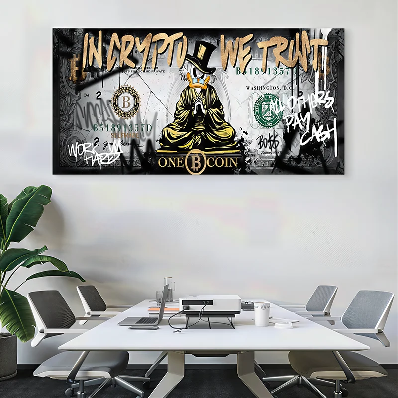 Décoration murale moderne Bitcoin et dollar en style street art doré et noir