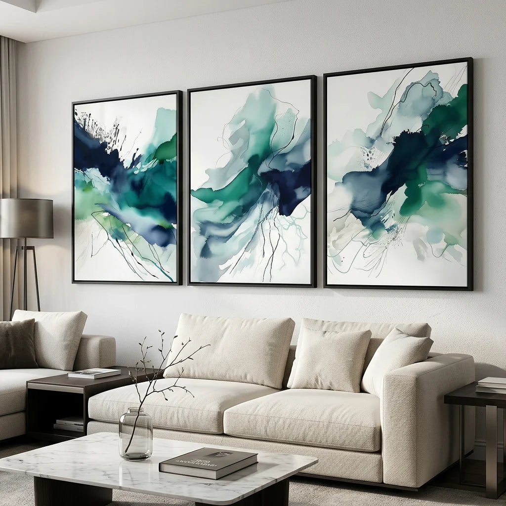 Décoration murale moderne triptyque abstrait blanc bleu et vert profond