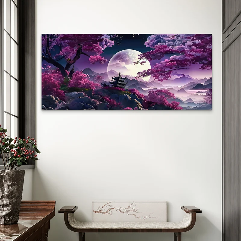 Décoration murale zen avec temple japonais et fleurs de cerisier