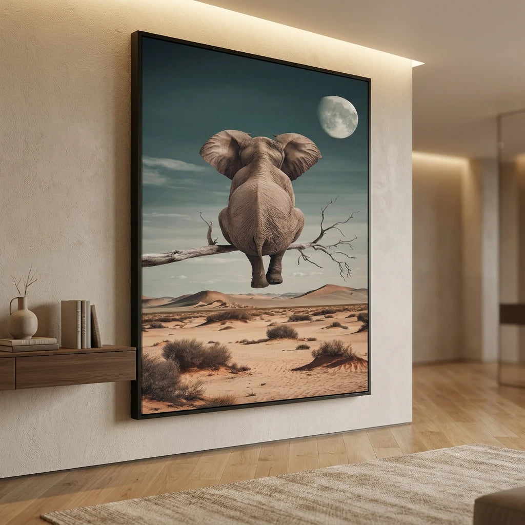 Tableau Éléphant Rêve Lunaire - 40x60cm / Cadre Noir - Tableau Animaux