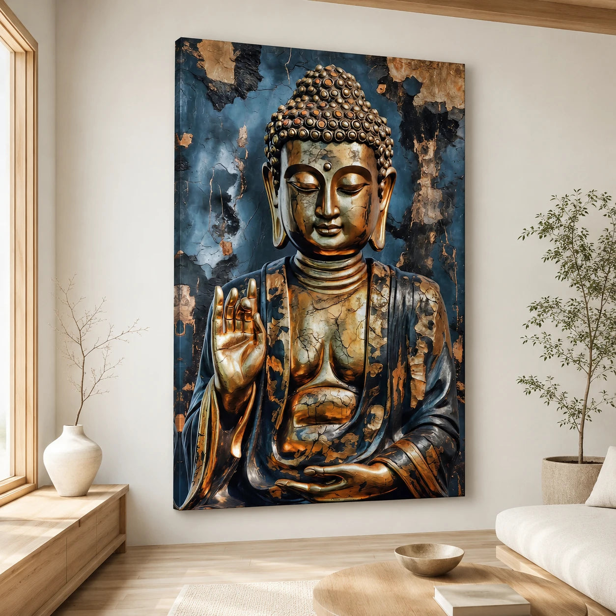 Grand tableau Bouddha méditation aux tons bleu, noir et doré