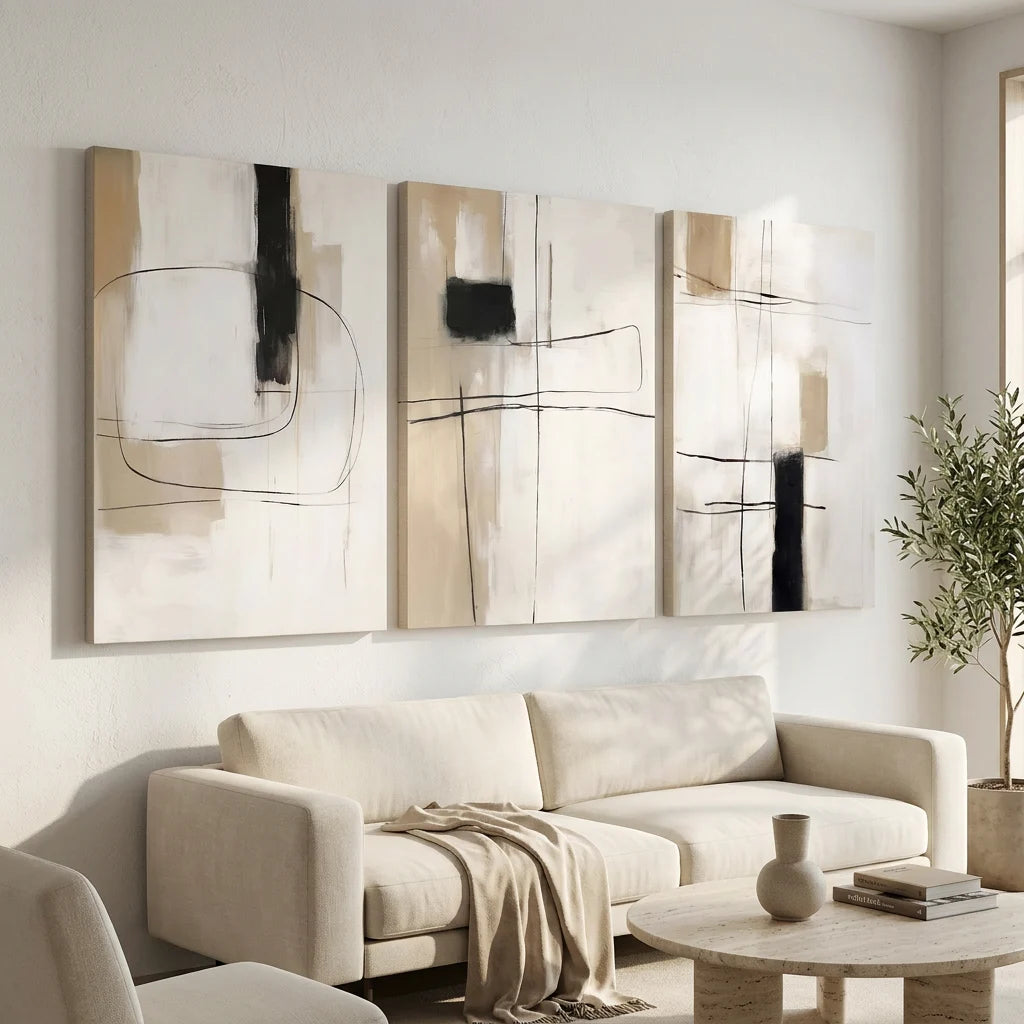 Grand tableau abstrait moderne beige blanc et noir en trois panneaux