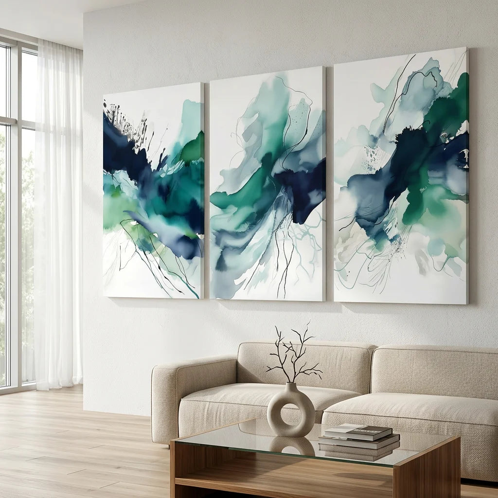Grand tableau abstrait moderne triptyque pour salon design et élégant