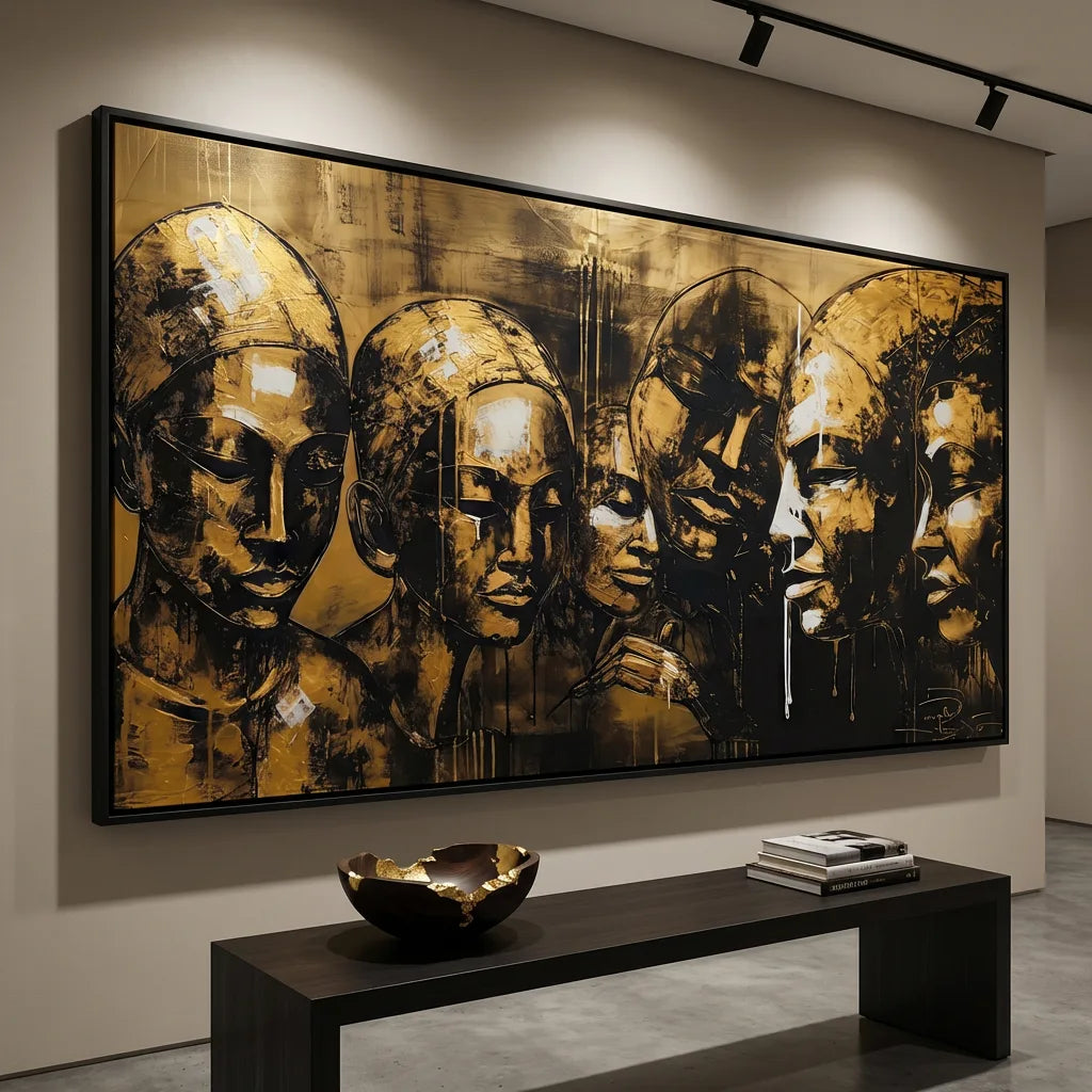 Tableau Contemporain Visages – Style Noir & Or - Tableau Contemporain