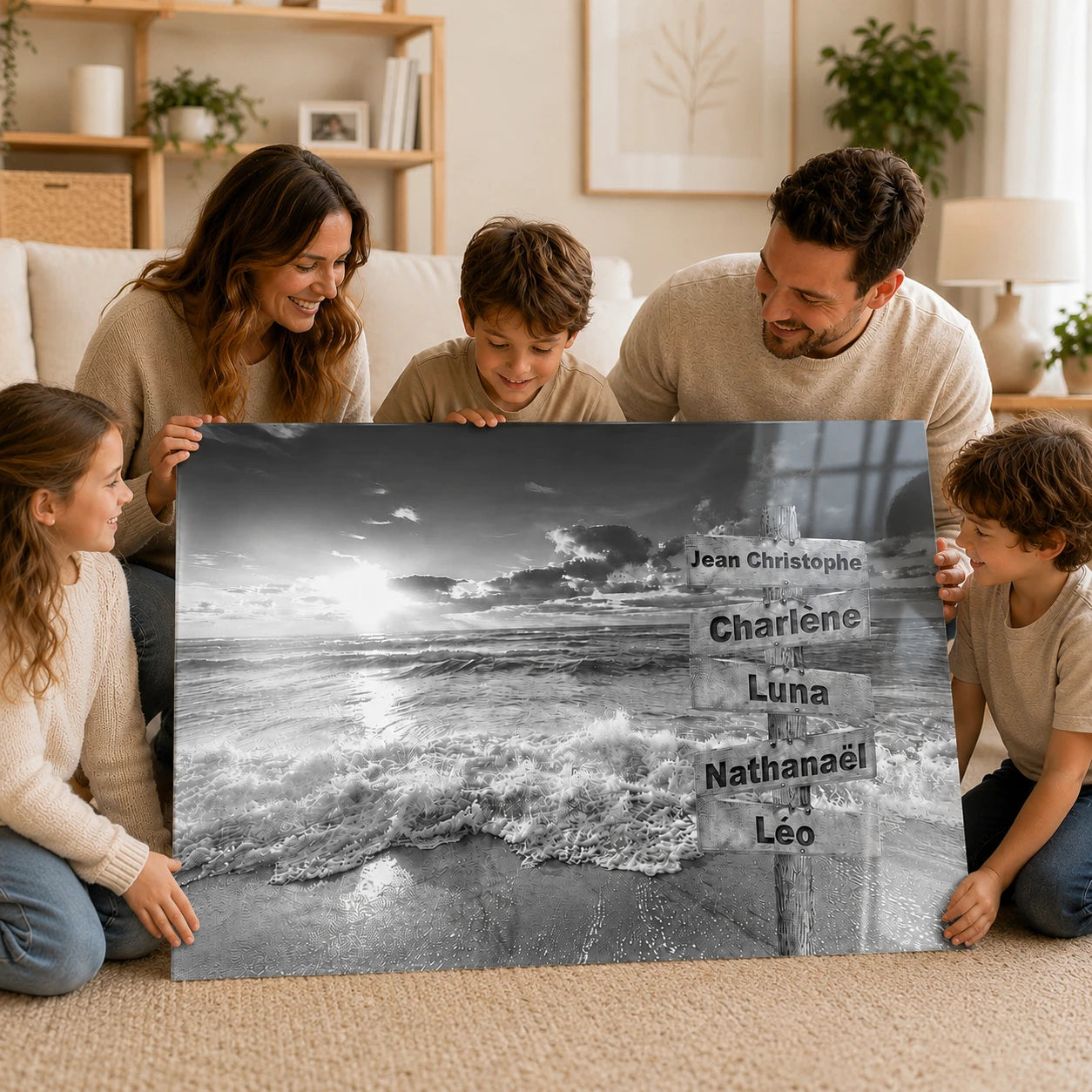 Idée cadeau famille avec prénoms sur panneaux en bord de mer