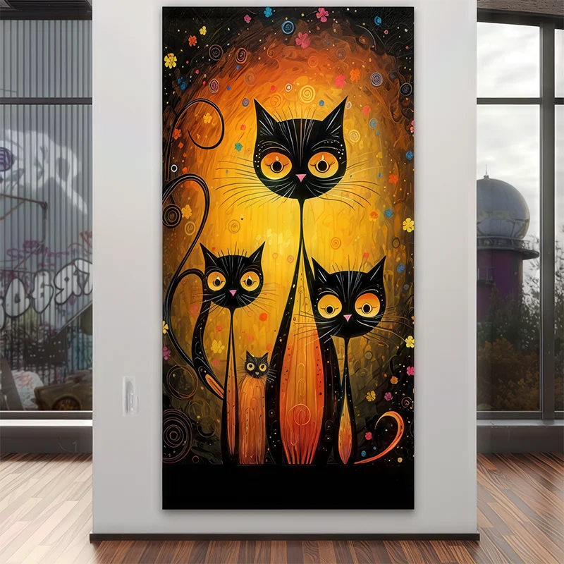 Œuvre d’art féline magique - chats noirs veilleurs de nuit sous des étoiles et fleurs colorées - Tableau Les Gardiens de la Nuit