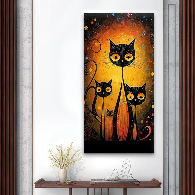 Tableau déco chats noirs stylisés devant un fond lumineux orange avec fleurs colorées - Les Gardiens de la Nuit