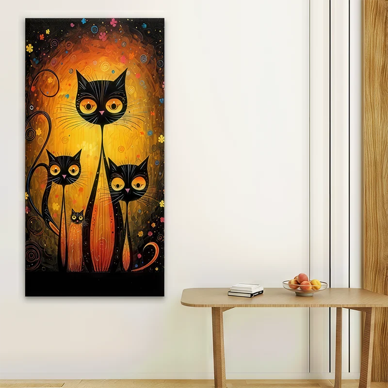 Tableau moderne de chats noirs, décoration murale féérique, ambiance nocturne et mystérieuse - Les Gardiens de la Nuit