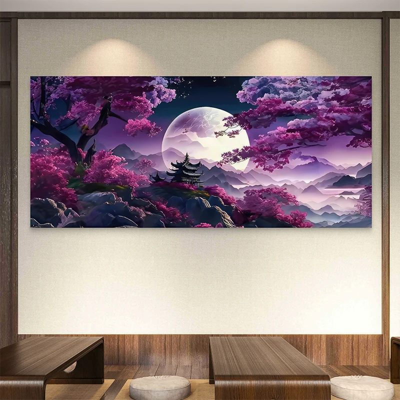 Paysage artistique style japonais avec montagne, brume et sakura