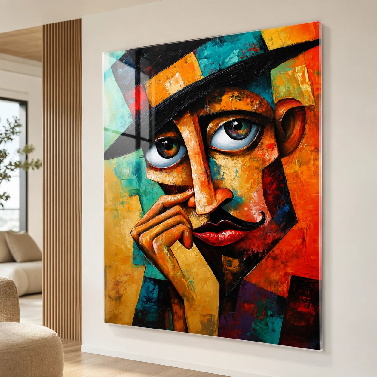 Plexiglas portrait homme coloré sans fixation visible dans un salon contemporain