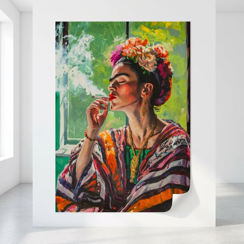 Portrait artistique Frida Kahlo fond vert lumineux