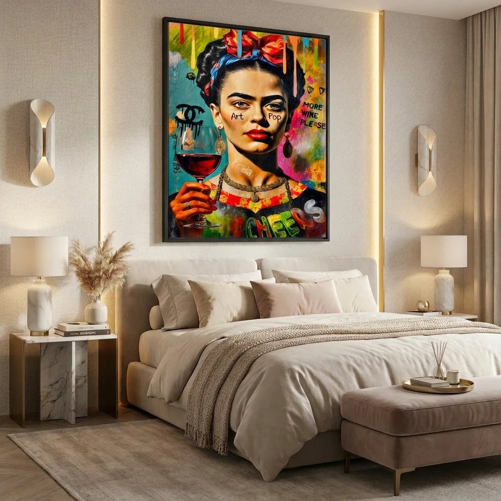 Portrait street art Frida Kahlo dans un cadre flottant noir au style urbain contemporain.