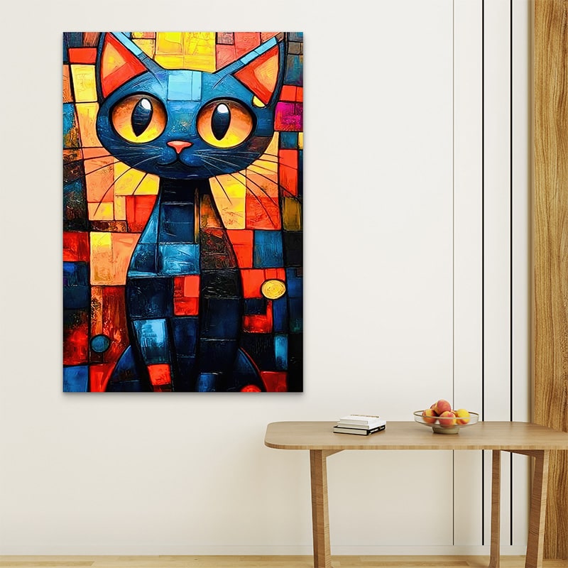 Décoration murale originale et colorée avec un chat au style street art et regard hypnotique
