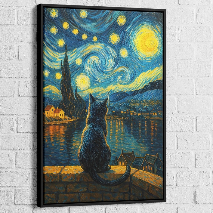 Impression haute qualité d’un tableau chat noir sous les étoiles pour une ambiance apaisante