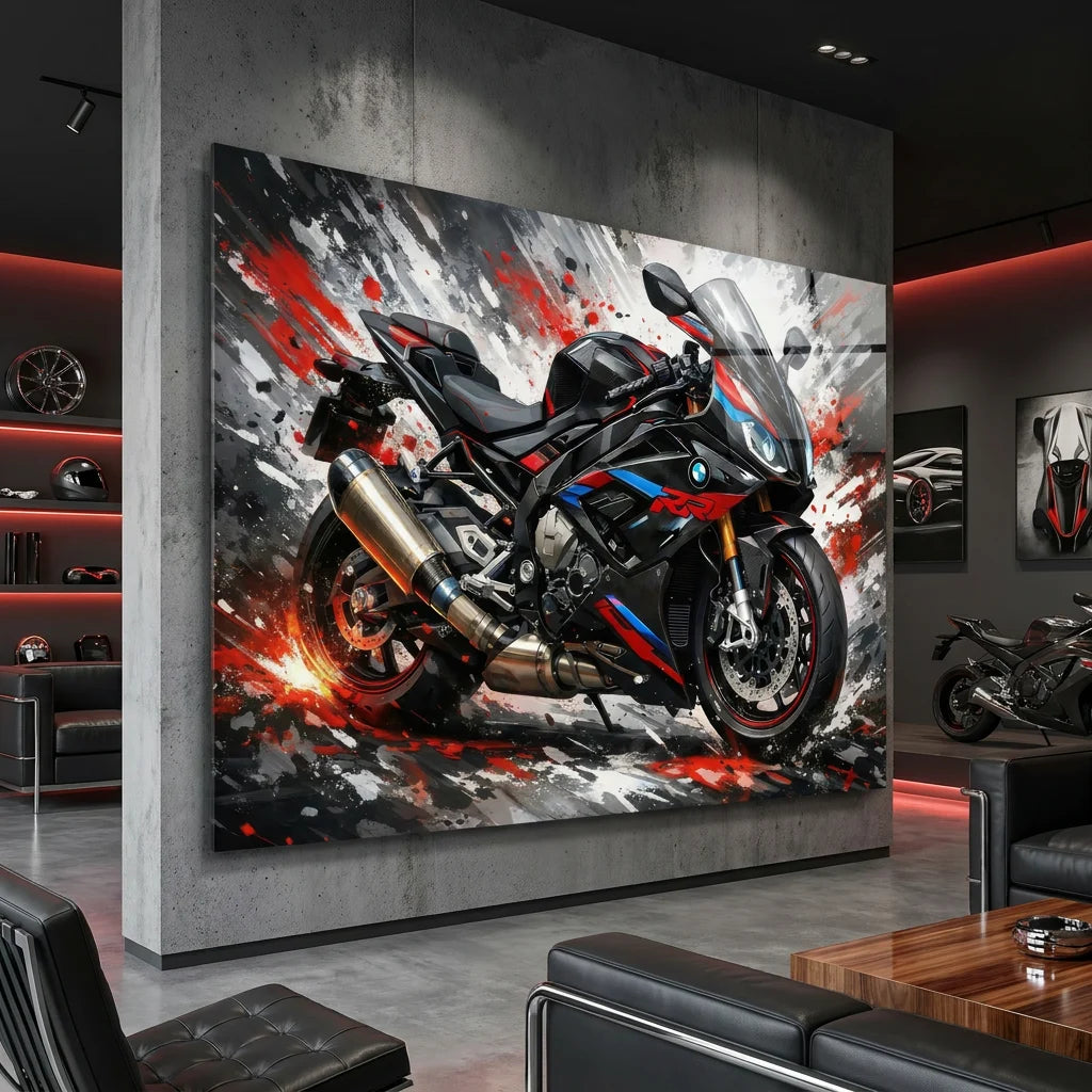 Tableau BMW S1000RR imprimé sur plexiglas brillant avec rendu premium et moderne.