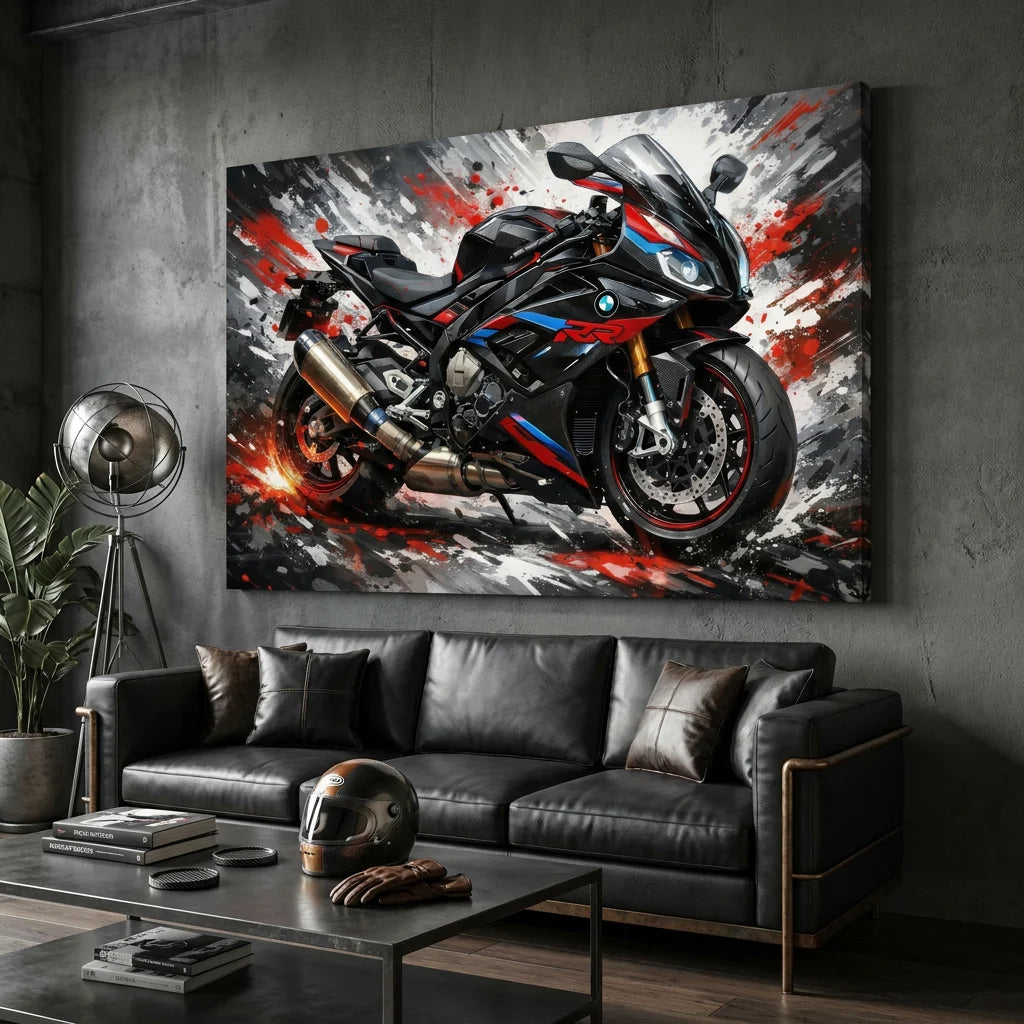 Tableau BMW S1000RR représentant une moto sportive dans un style moderne et dynamique.