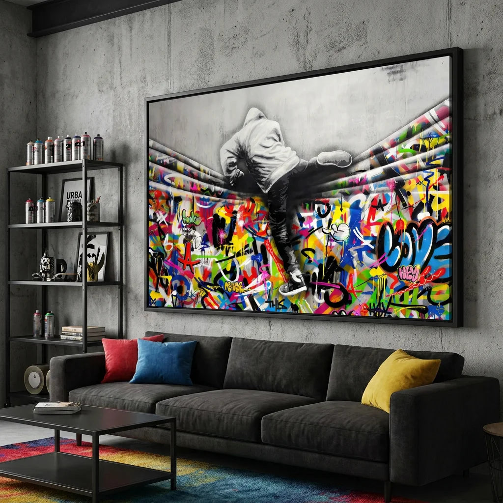 Tableau Banksy Le Mur avec enfant et graffiti coloré