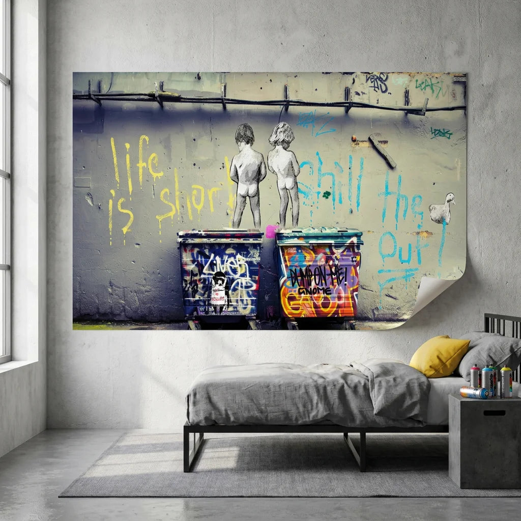 Tableau Banksy Life is Short avec enfants et mur graffé