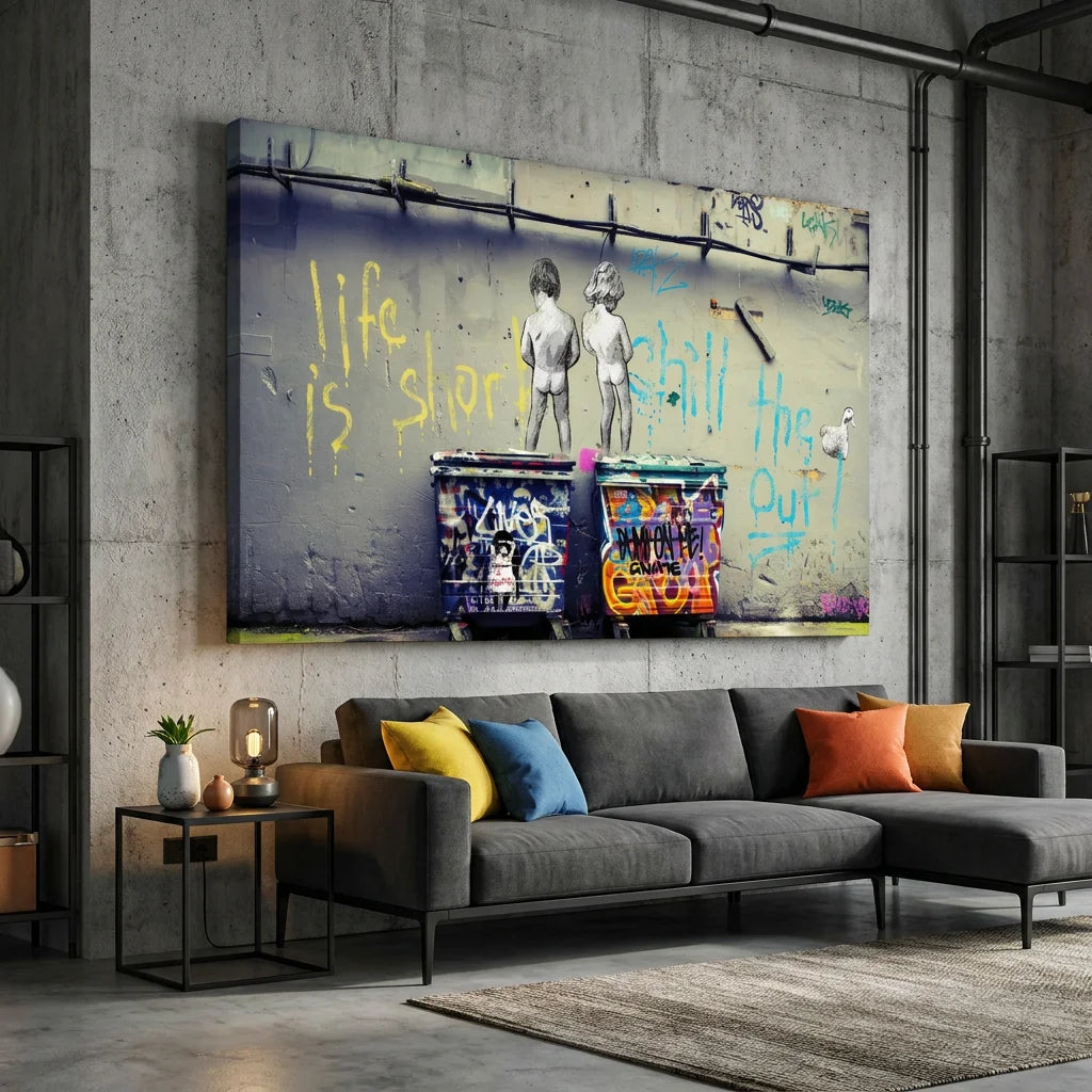 Tableau Banksy Life is Short style street art mural