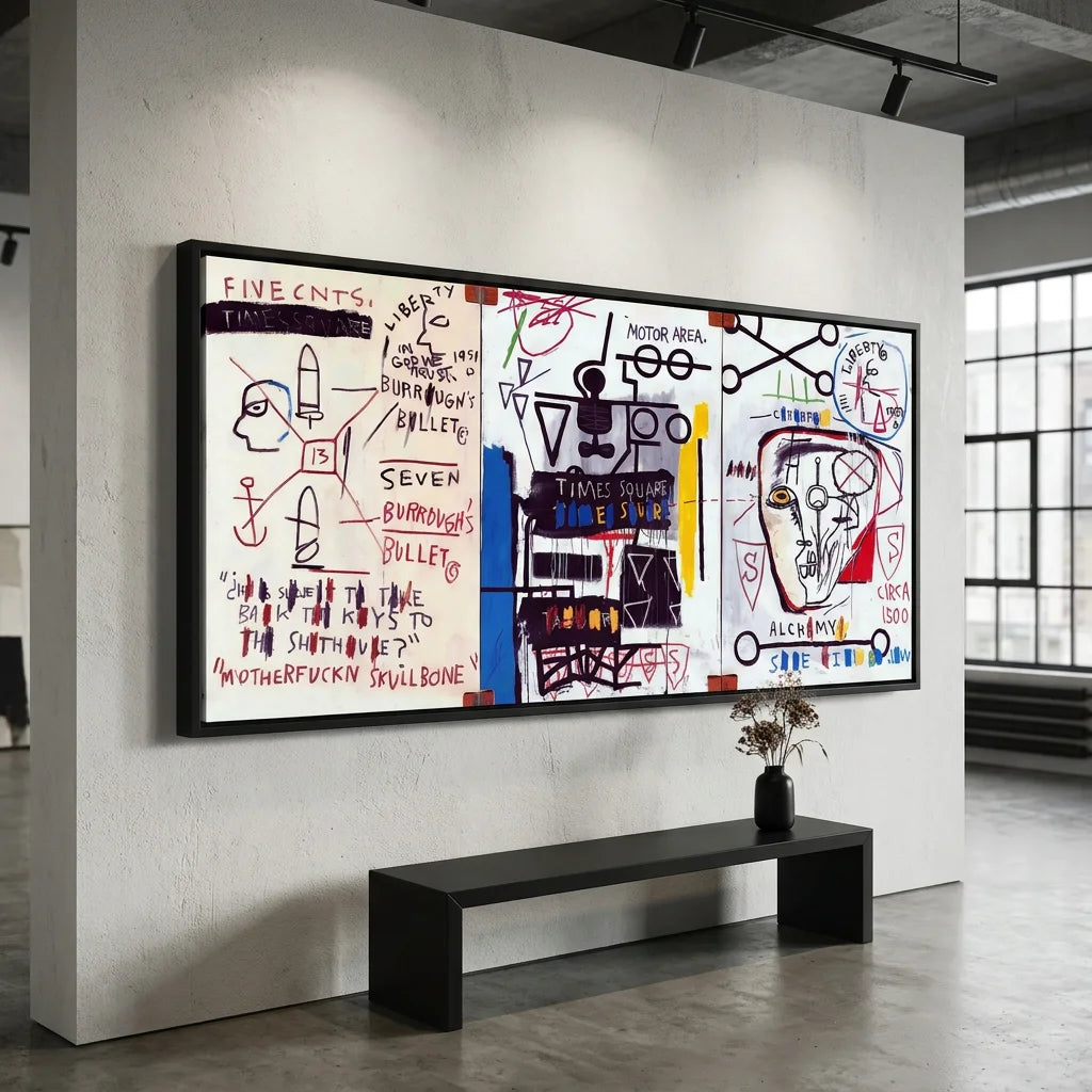 Tableau Basquiat Burroughs avec écritures et symboles graphiques