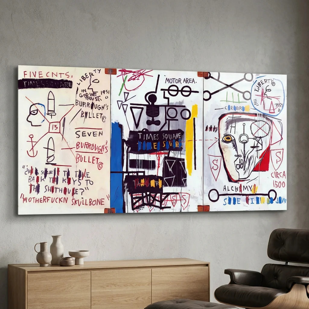 Tableau Basquiat Burroughs avec croquis et formes abstraites