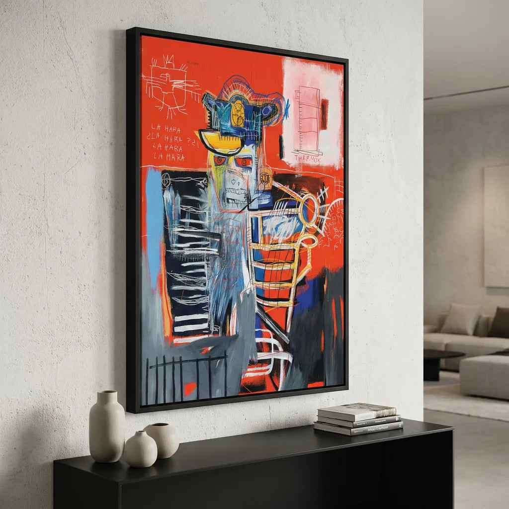 Tableau Basquiat La Hara avec figure graphique sur fond rouge