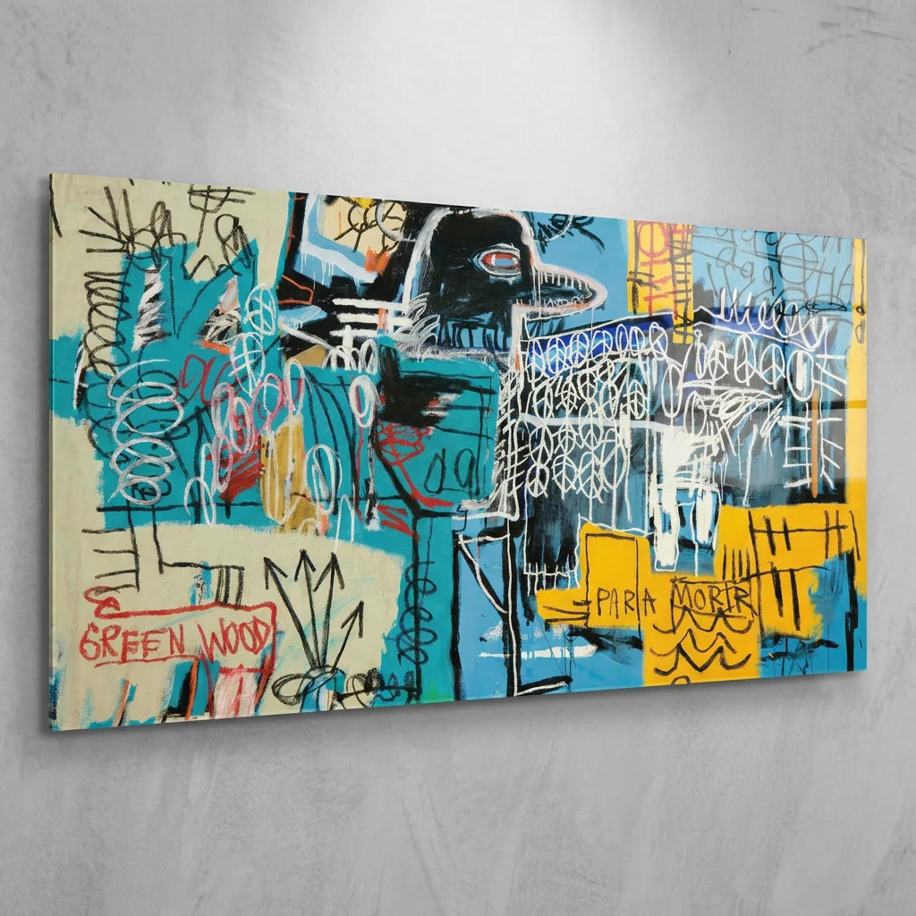 Tableau Basquiat Oiseau D’argent avec oiseau noir graphique