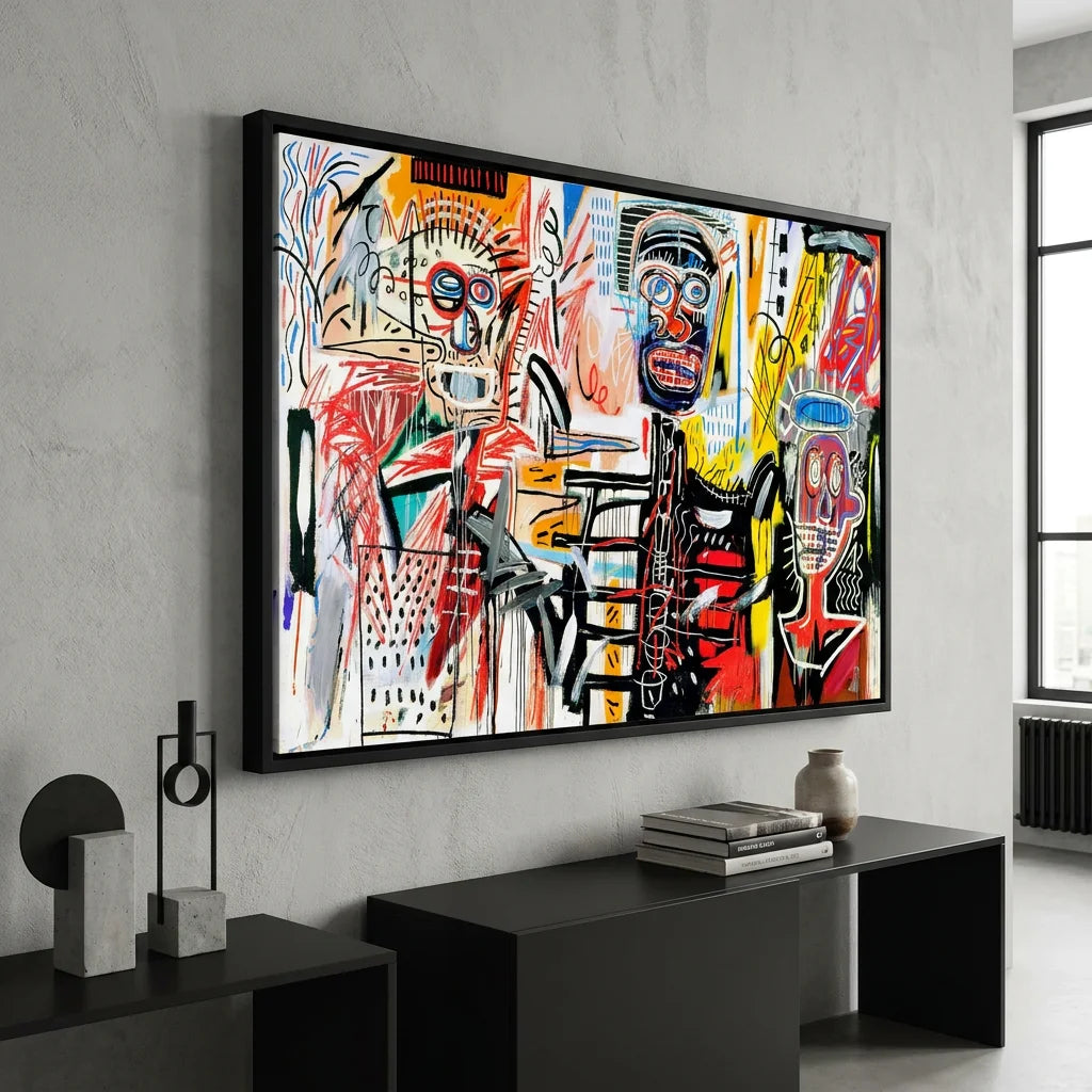 Tableau Basquiat Philistines 1982 avec personnages graphiques