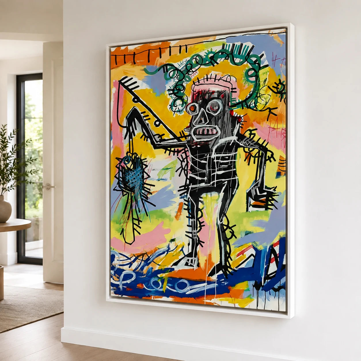 Tableau Basquiat Warrior avec cadre flottant blanc – tableau néo-expressionniste