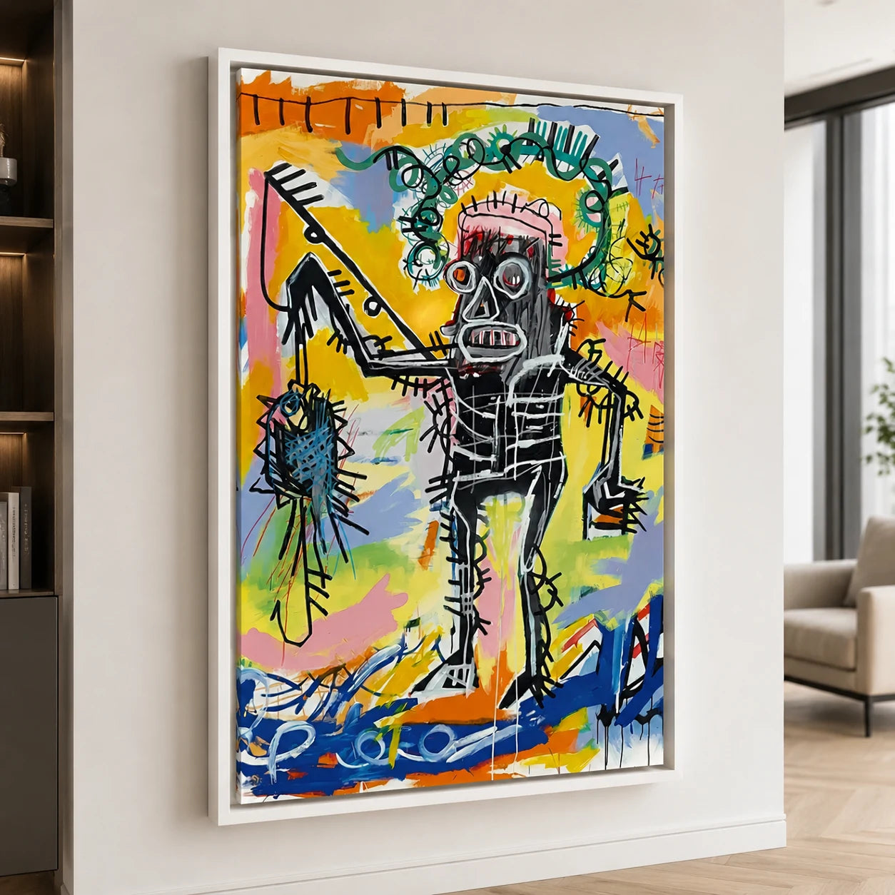Tableau Basquiat Warrior dans une entrée contemporaine – street art coloré