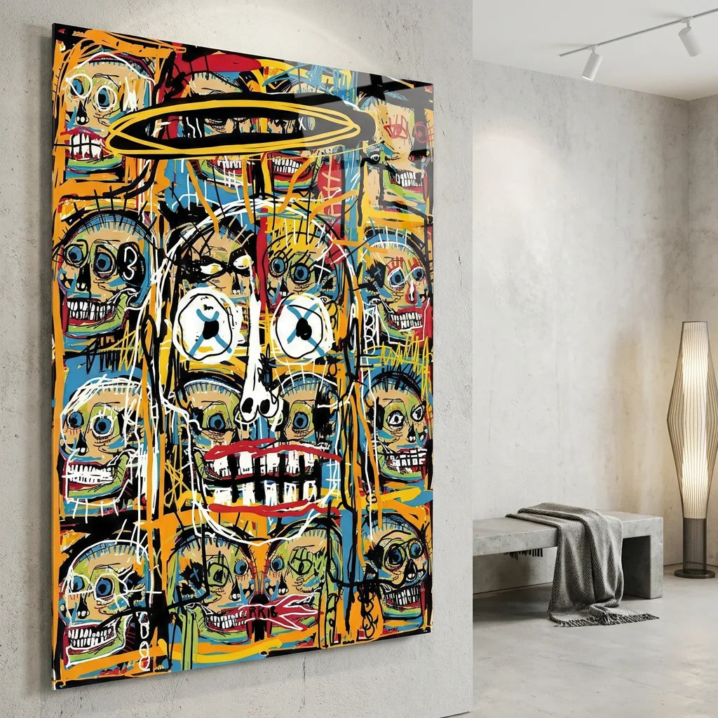Tableau Basquiat avec crânes répétés et traits noirs expressifs