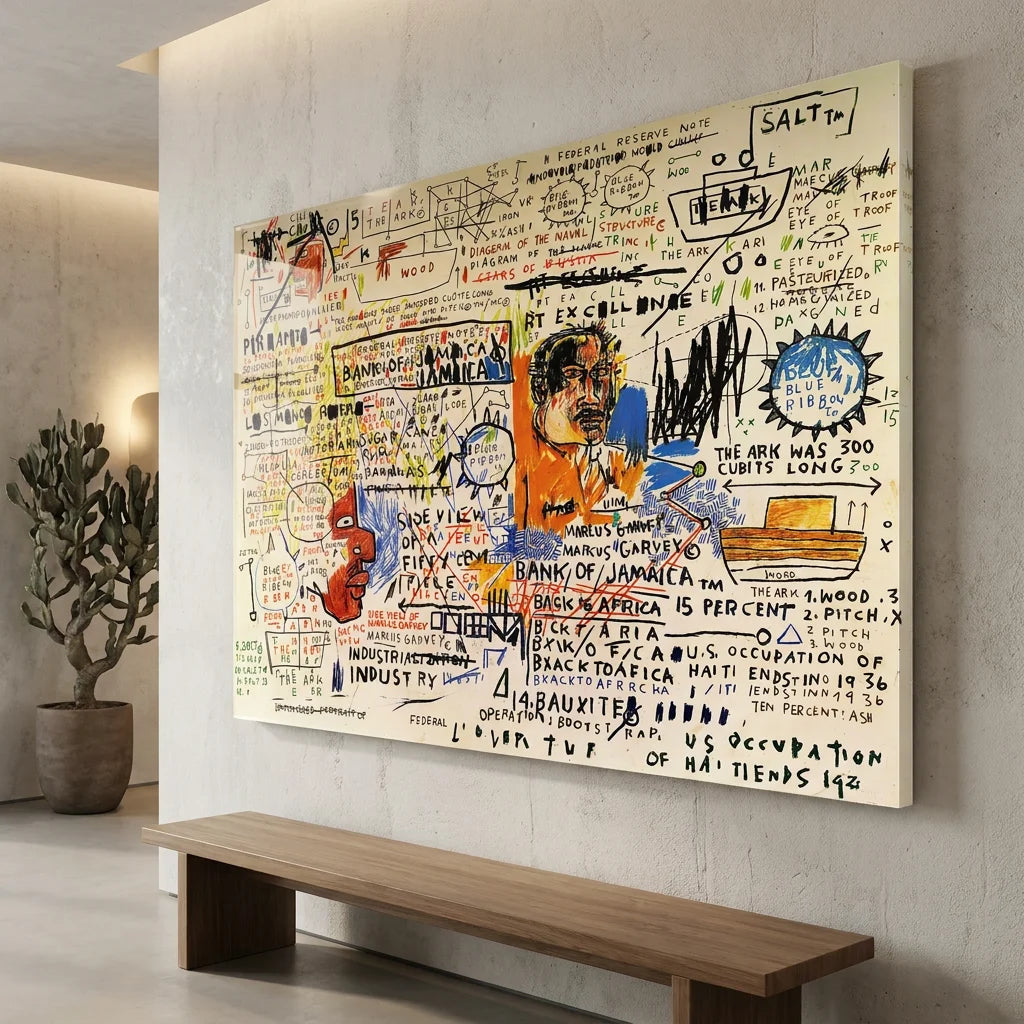 Tableau Basquiat avec croquis symboles et textes manuscrits