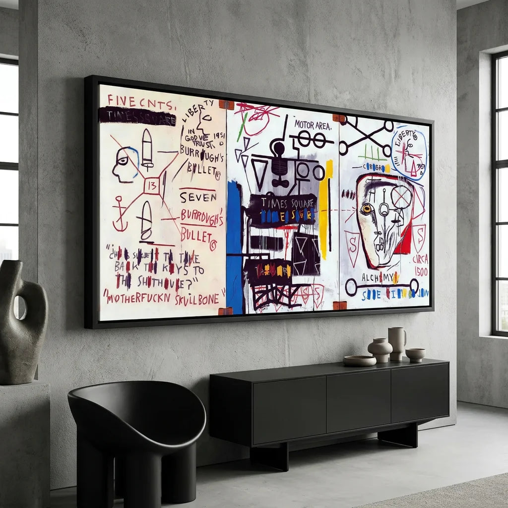 Tableau Basquiat avec fond clair et textes manuscrits