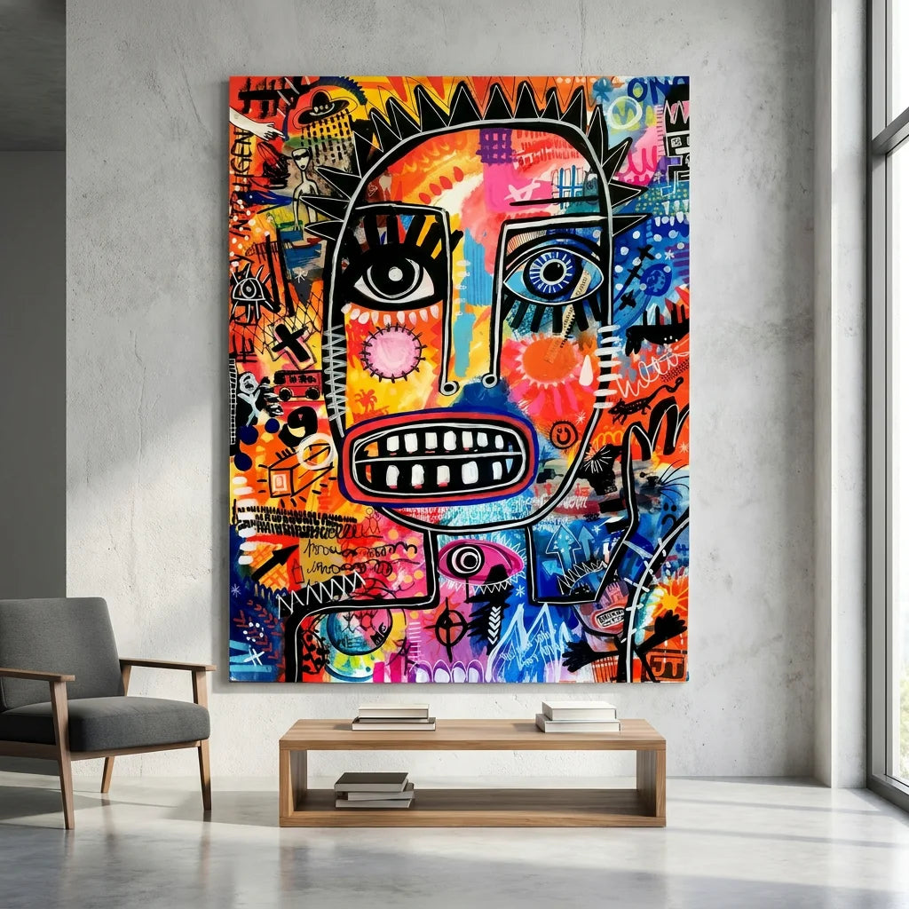 Tableau Basquiat avec grand visage coloré et yeux graphiques