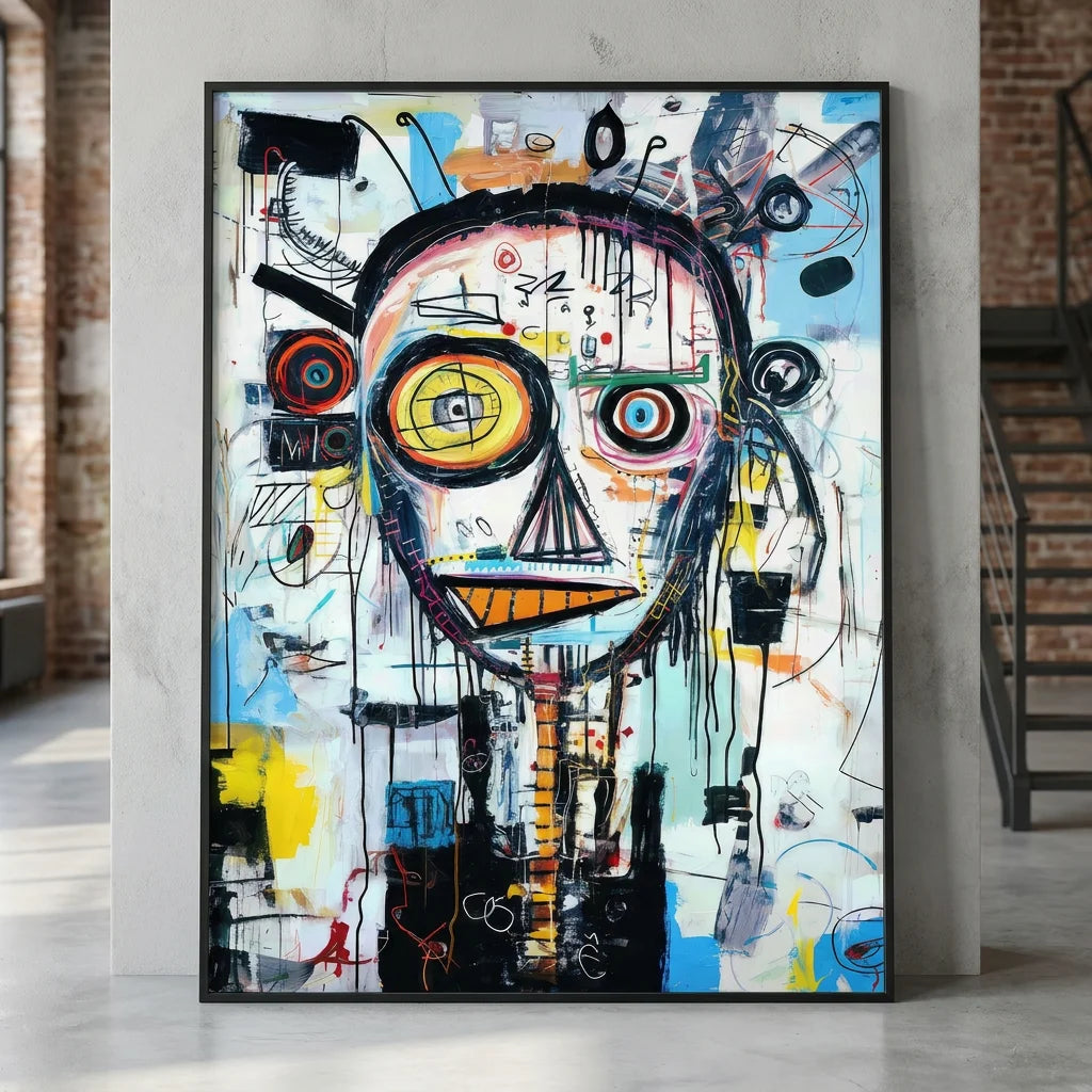 Tableau Basquiat avec grand visage graphique et fond clair