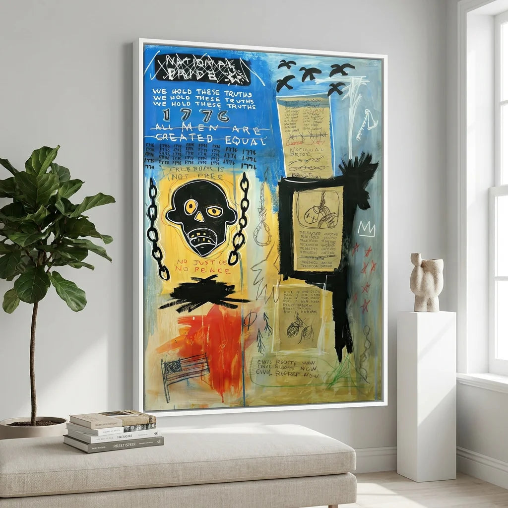 Tableau Basquiat avec message social et composition expressive