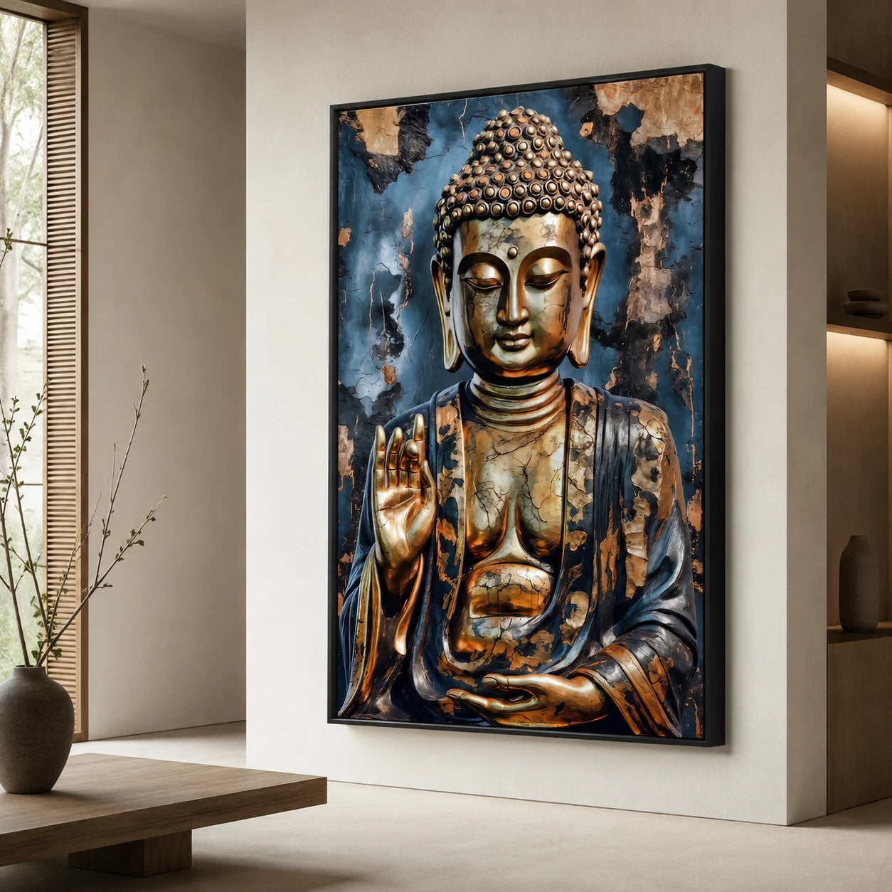 Tableau Bouddha avec cadre flottant noir sur mur blanc