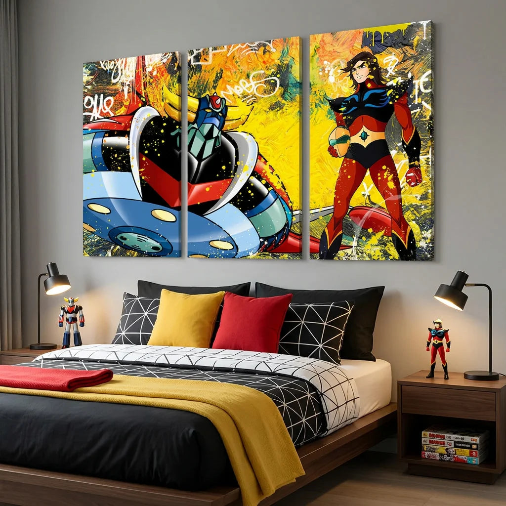 Tableau Goldorak Actarus en 3 panneaux style anime japonais