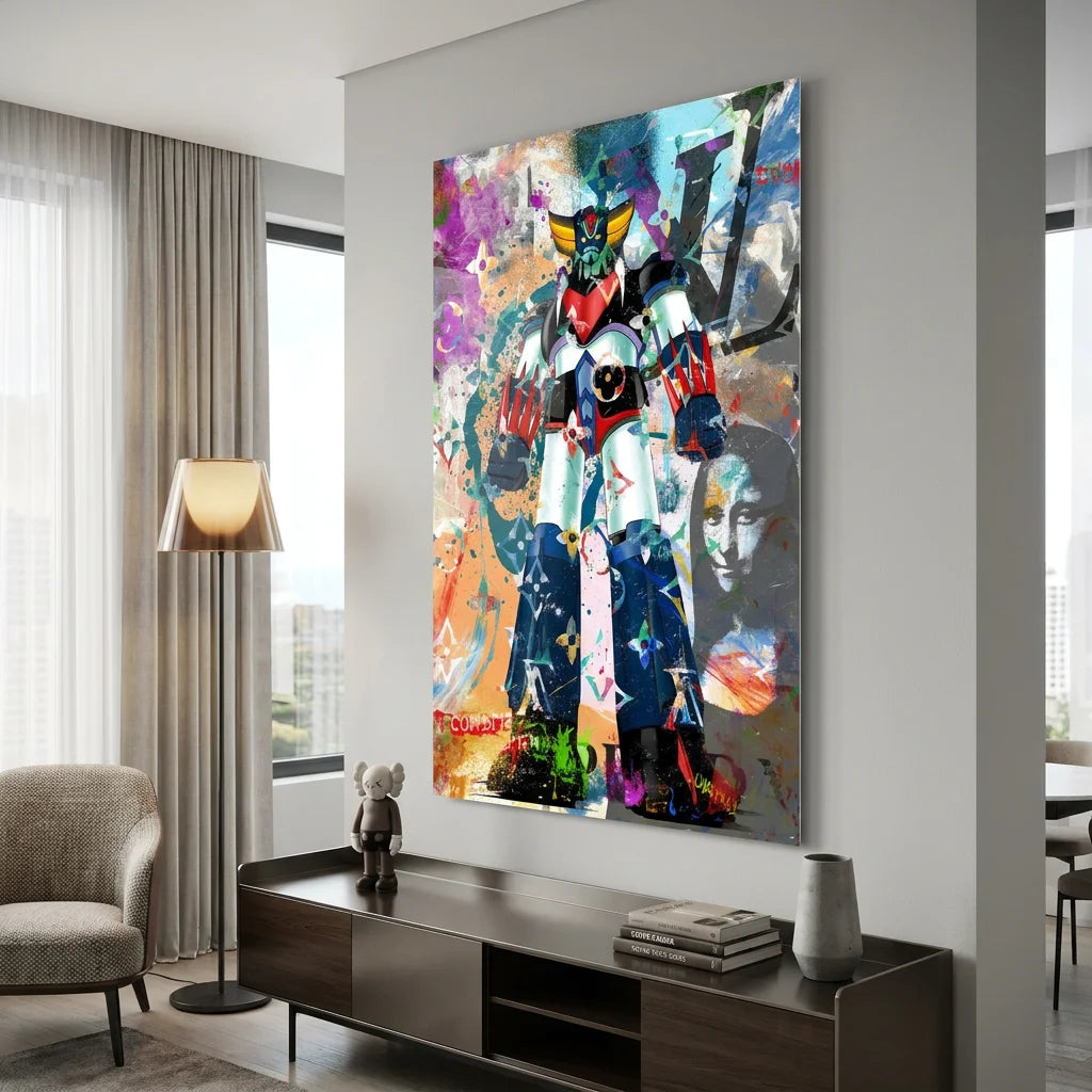 Tableau Goldorak Fashion avec fond graffiti et motifs luxe
