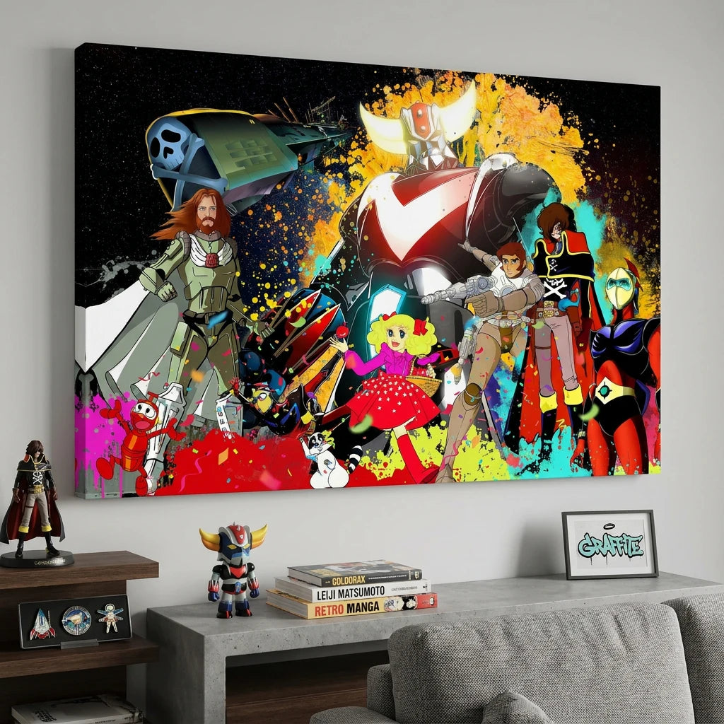 Tableau Goldorak Graffiti avec personnages rétro et fond coloré