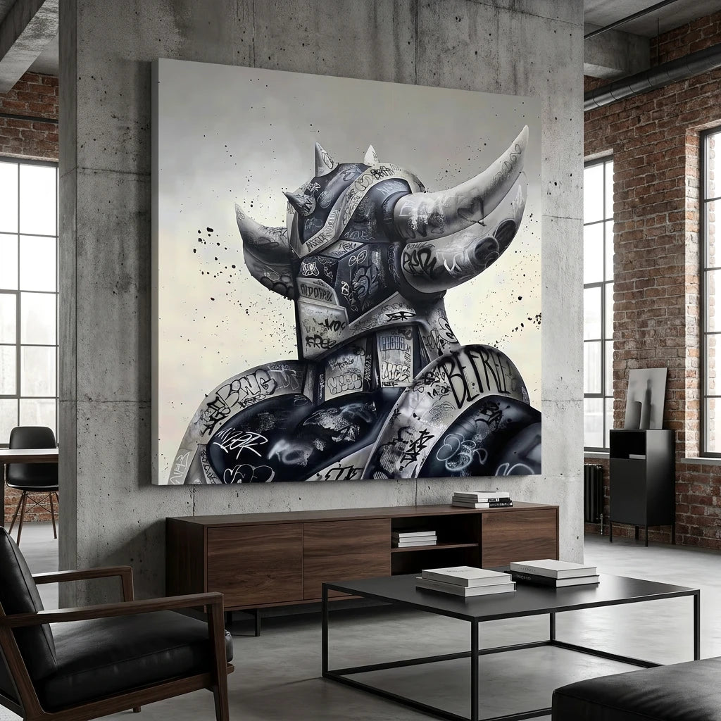 Tableau Goldorak Graffiti style street art noir et blanc