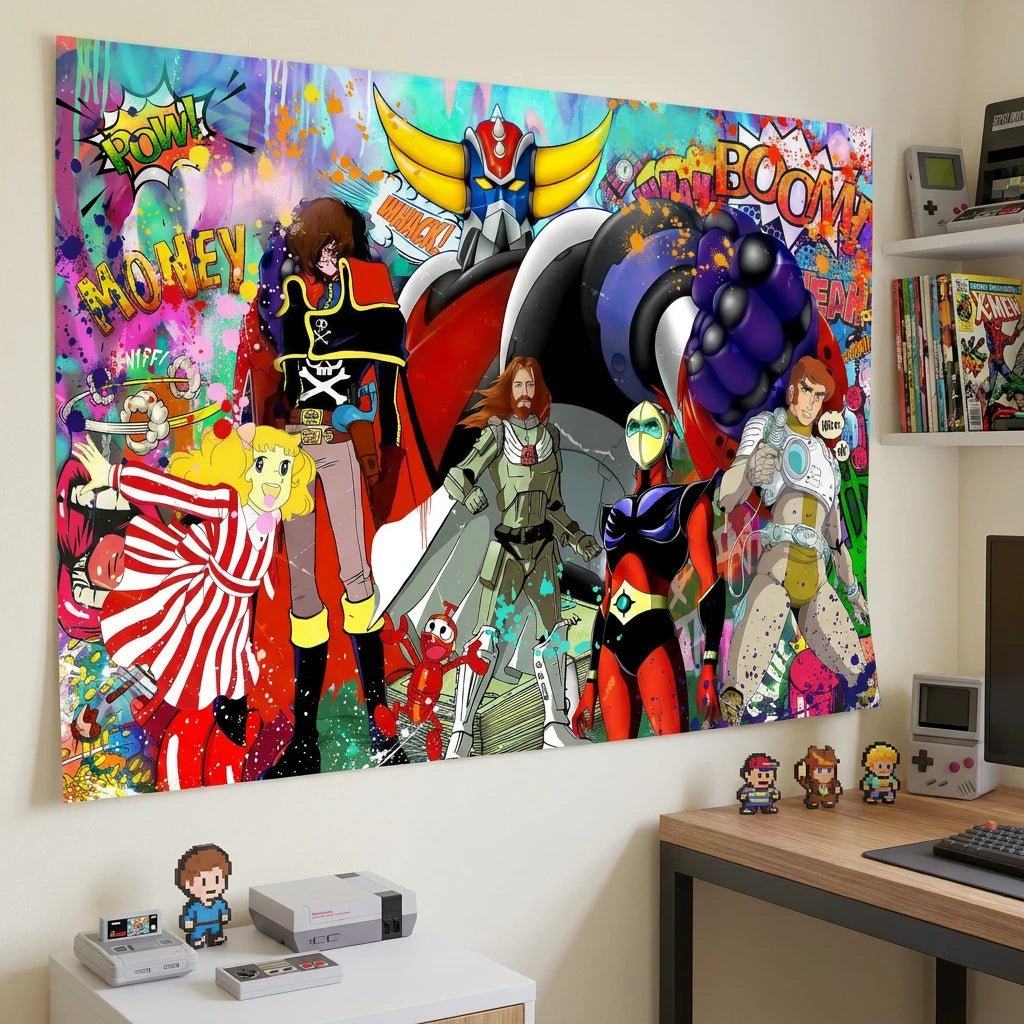 Tableau Goldorak avec personnages rétro et ambiance dessin animé