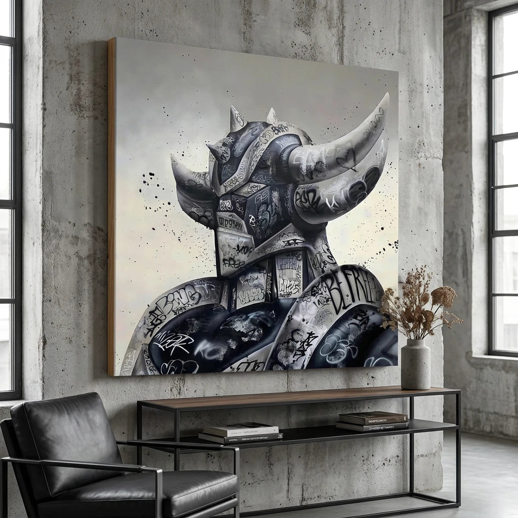 Tableau Goldorak graffiti avec tags urbains monochromes