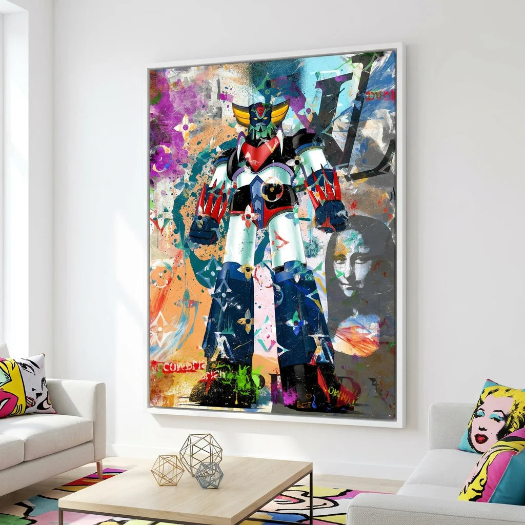 Tableau Goldorak pop art avec fond coloré et motifs fashion